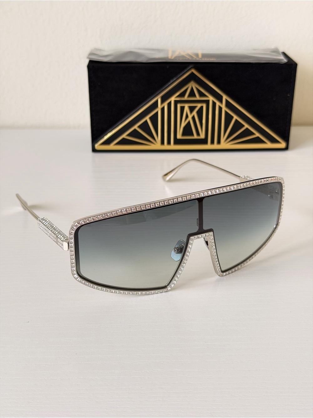 New ANNA KARIN KARLSSON Silver Crystal-Trim  Shield Sunglasses Shady Luv 2.0